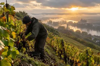 Vigneron picking grapes by hand on a steep, misty autumn hillside in the Loire Valley, with biodynamic vineyards under soft morning light.