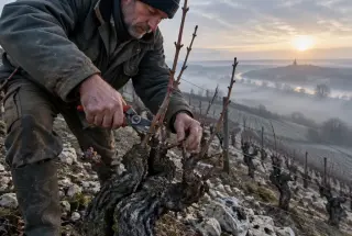 Vigneron taillant des ceps anciens sur un coteau calcaire de Chinon à l’aube hivernale